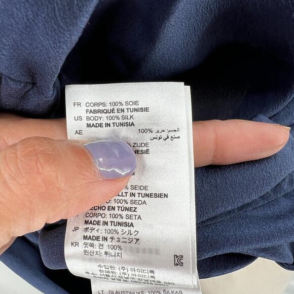 Sandro Womens Navy Blue Tie Neck 100% Silk Blouse Top Long Sleeve Shirt XS - Picture 10 of 11